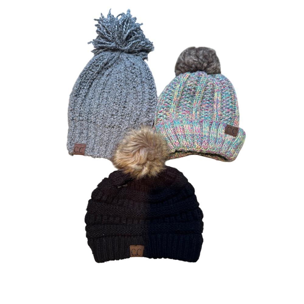 CC Beanie Bundle Lot of 3‎ Cable Knit Pom Pom Hats Gray Multi Black Womens